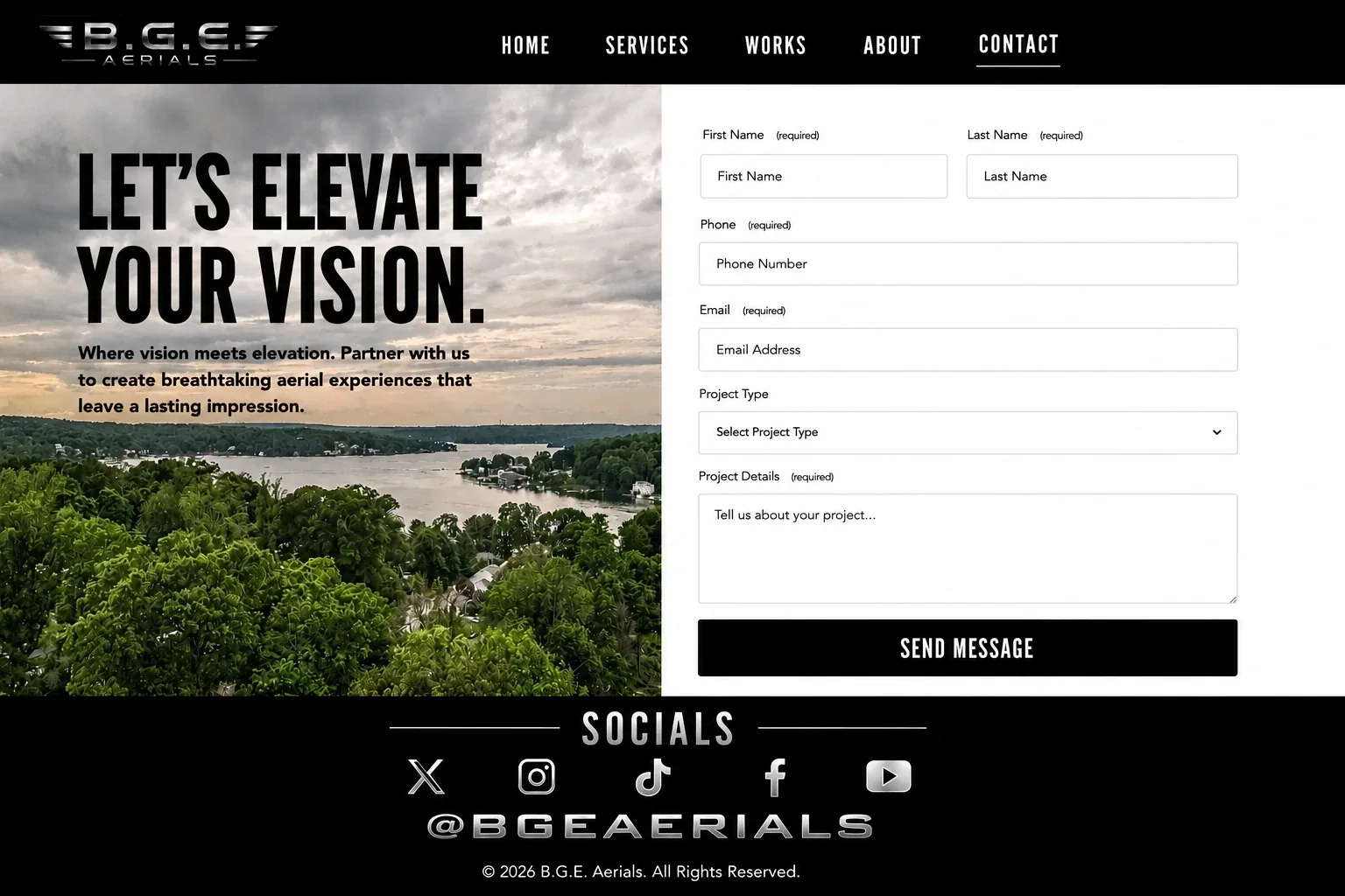 B.G.E. Aerials contact page with Lake Hopatcong aerial view and contact form